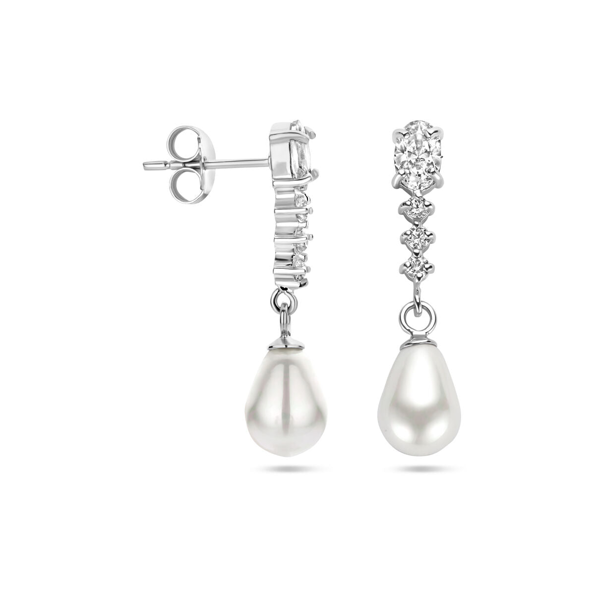 pendientes de zirconia y perla en plata rodiada