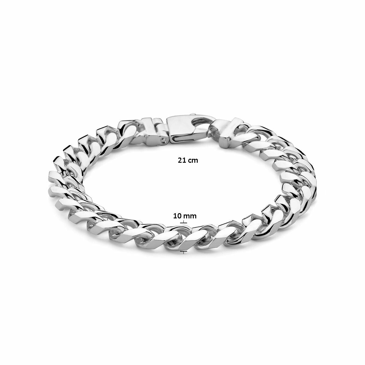 De Zilveren armband heren gourmette 10 mm van Van der Kooij Collectie is een 925 zilveren armband van 21 cm lang met stevige karabijnsluiting, stijlvol gepresenteerd op een witte achtergrond. Perfect voor elke gelegenheid.