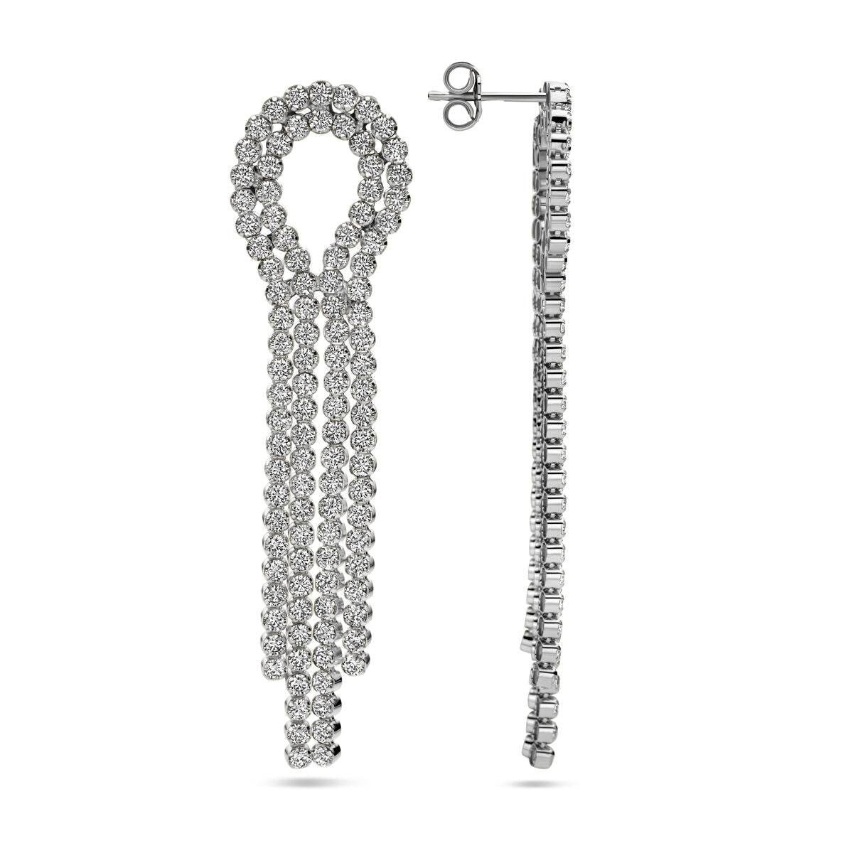 Een paar Van der Kooij Collectie oorhangers zirkonia zilver gerhodineerd met fonkelende zirkonia, een lusvormige top en drie trapsgewijze strengen; één oorhanger is van voren afgebeeld, de andere van opzij.