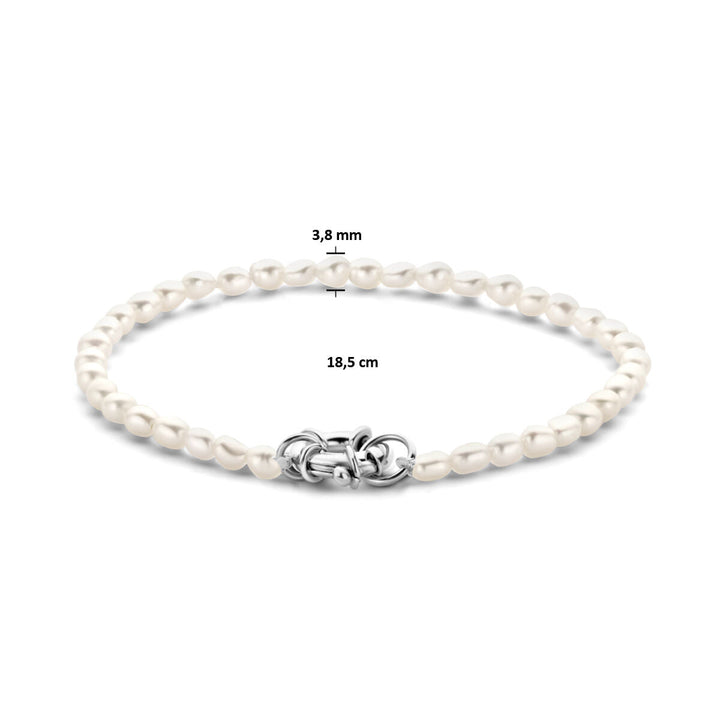 Zilveren armband dames parel met groot springslot gerhodineerd