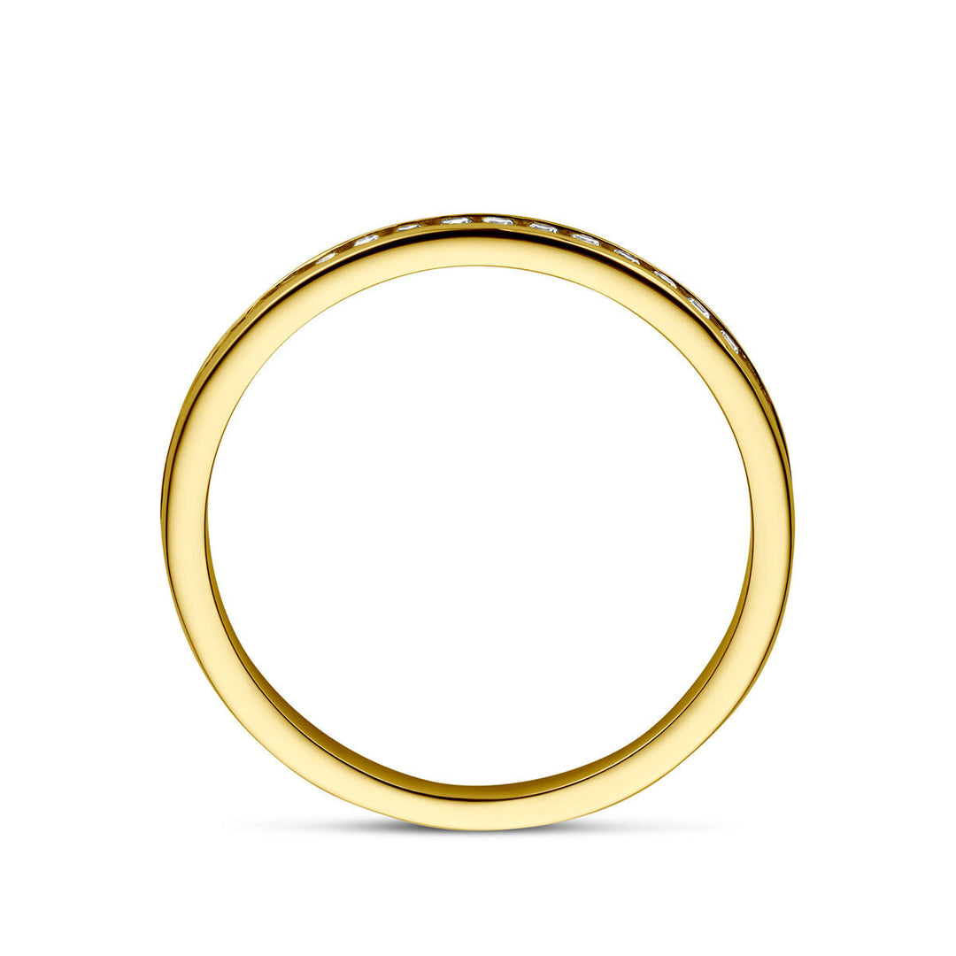 De Van der Kooij Collectie aanschuifring zirkonia 14K geelgoud heeft een gladde, afgeronde band en is rechtopstaand afgebeeld in een cirkelvorm tegen een witte achtergrond.