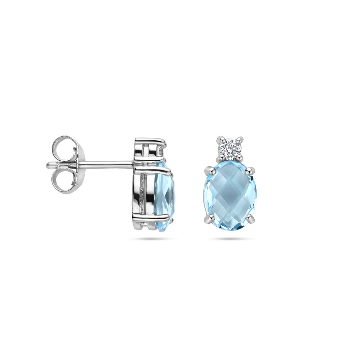 pendientes de botón de topacio azul y circonita en plata rodiada