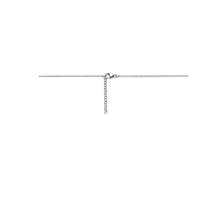 Het Van der Kooij Collectie collier zirkonia 42 + 3 cm zilver gerhodineerd heeft een verstelbaar verlengstuk en karabijnsluiting, elegant afgebeeld tegen een effen witte achtergrond.