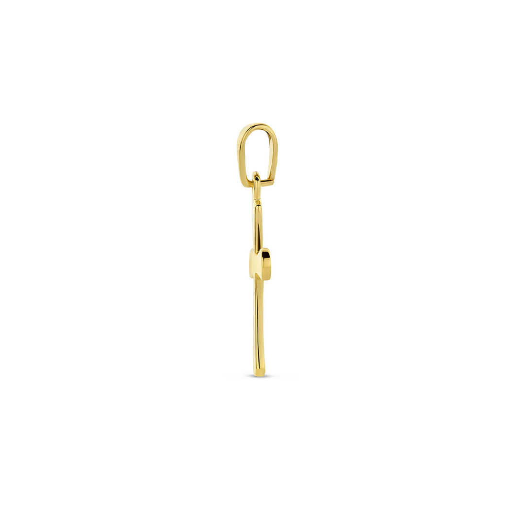 Zijaanzicht van de Van der Kooij Collectie hanger kruis 14K geelgoud, een sleutelvormige hanger met bovenlus tegen een witte achtergrond - een elegant accessoire dat geloof en spiritualiteit symboliseert.