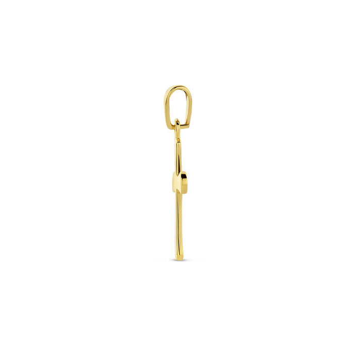 Zijaanzicht van de Van der Kooij Collectie hanger kruis 14K geelgoud, een sleutelvormige hanger met bovenlus tegen een witte achtergrond - een elegant accessoire dat geloof en spiritualiteit symboliseert.