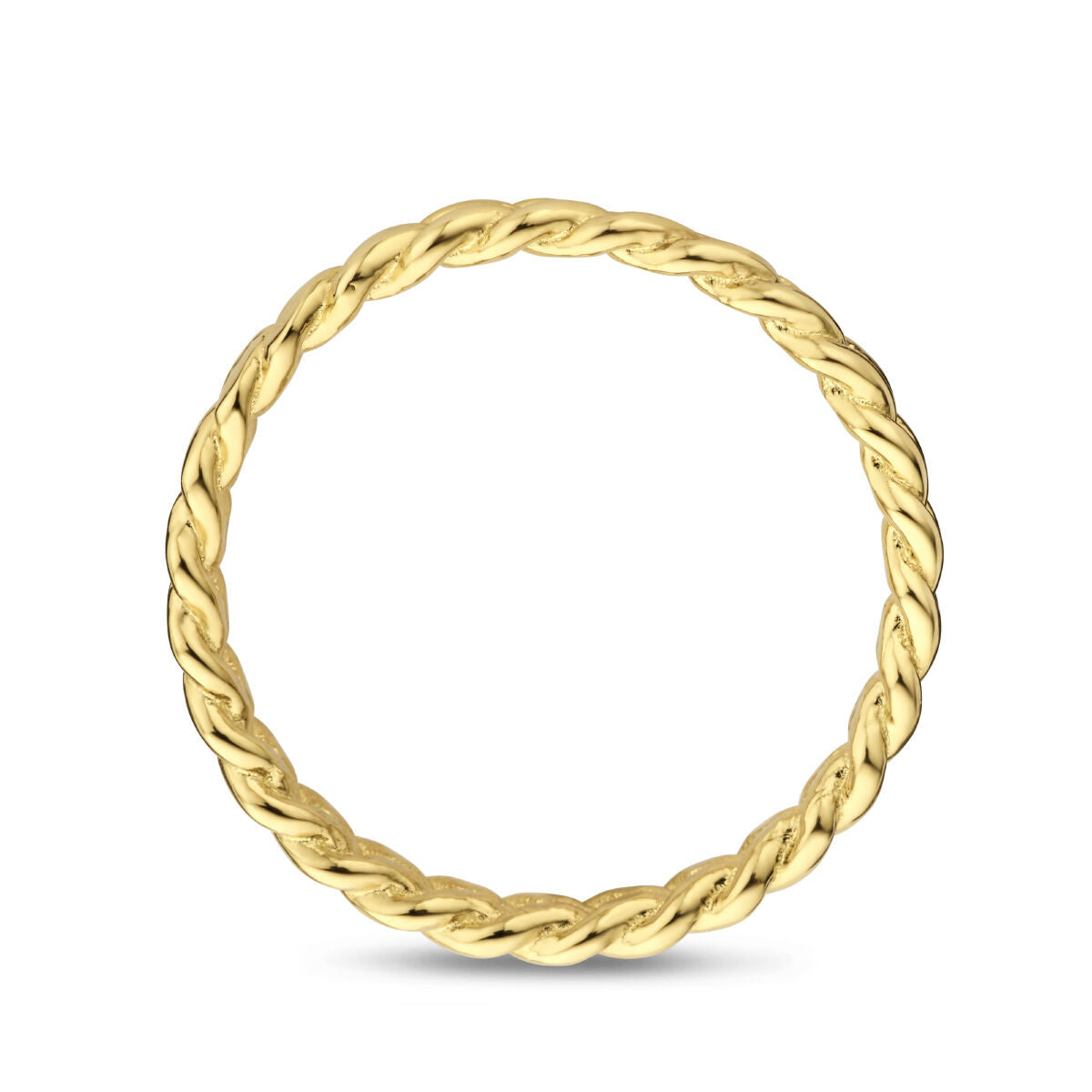 De ring 14K geelgoud van Van der Kooij Collectie is een eenvoudige 3mm brede damesring met twisted rope design, getoond op een witte achtergrond.