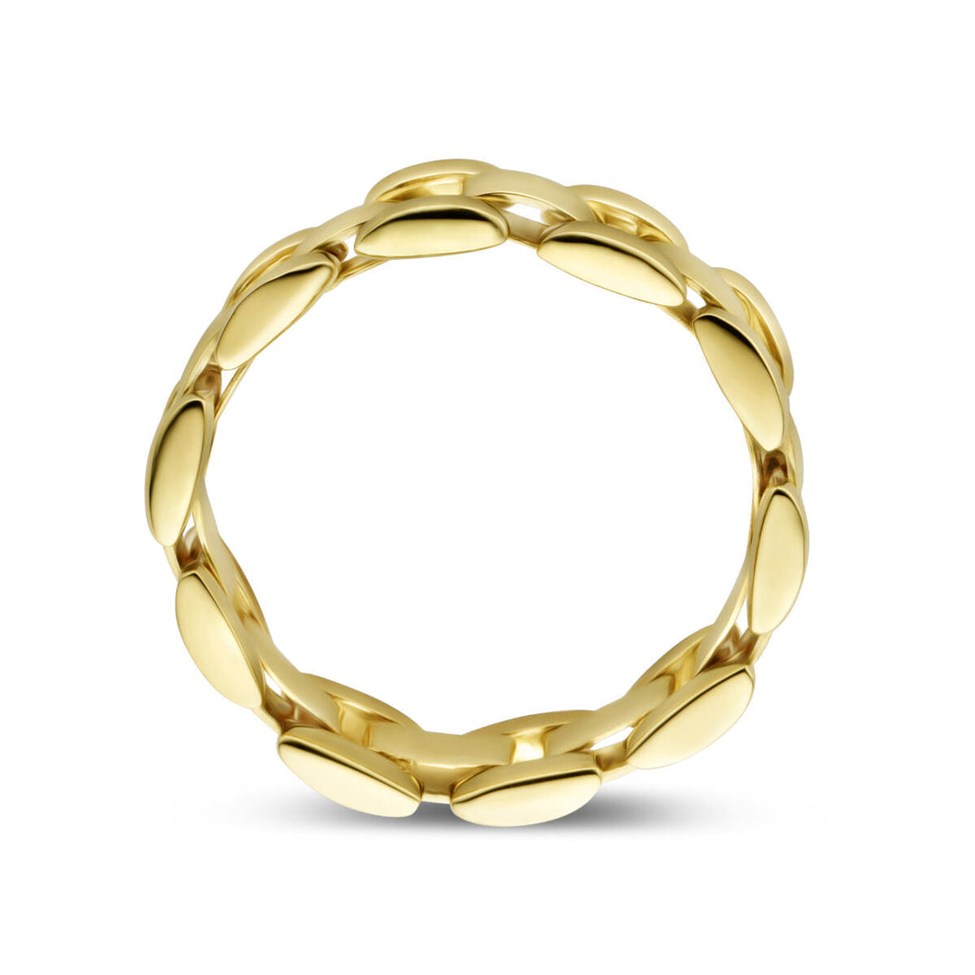 Een 14K geelgouden ring flexibele schakel van Van der Kooij Collectie, met gladde, ovale schakels die in elkaar grijpen tot een doorlopende band, afgebeeld tegen een witte achtergrond.