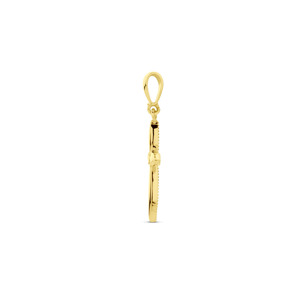 Zijaanzicht van de Van der Kooij Collectie hanger kruis zirkonia 14K geelgoud, voorzien van een bovenlus voor een ketting en afgebeeld op een witte achtergrond. Dit unisex sieraad is een elegante keuze voor elke gelegenheid.