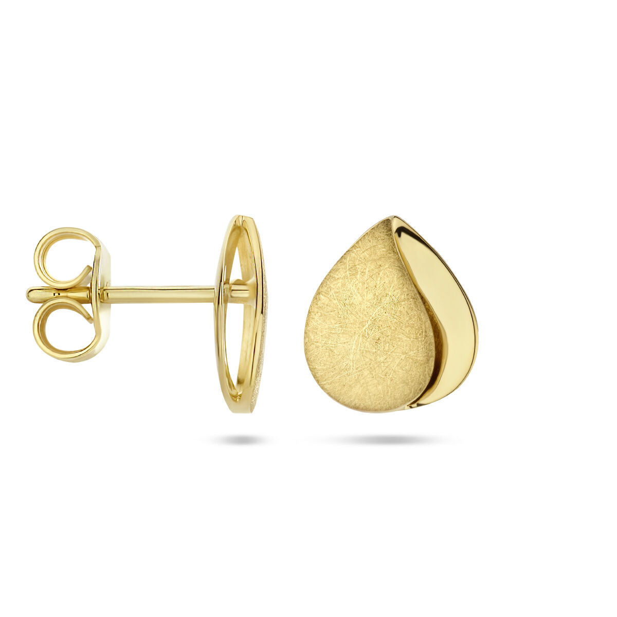 Van der Kooij Collectie oorknoppen poli/mat 14K geelgoud in druppelvorm met tijdloos design, matte textuur en glanzend accent op één rand. Getoond van voren en opzij tegen witte achtergrond. Gratis verzending.