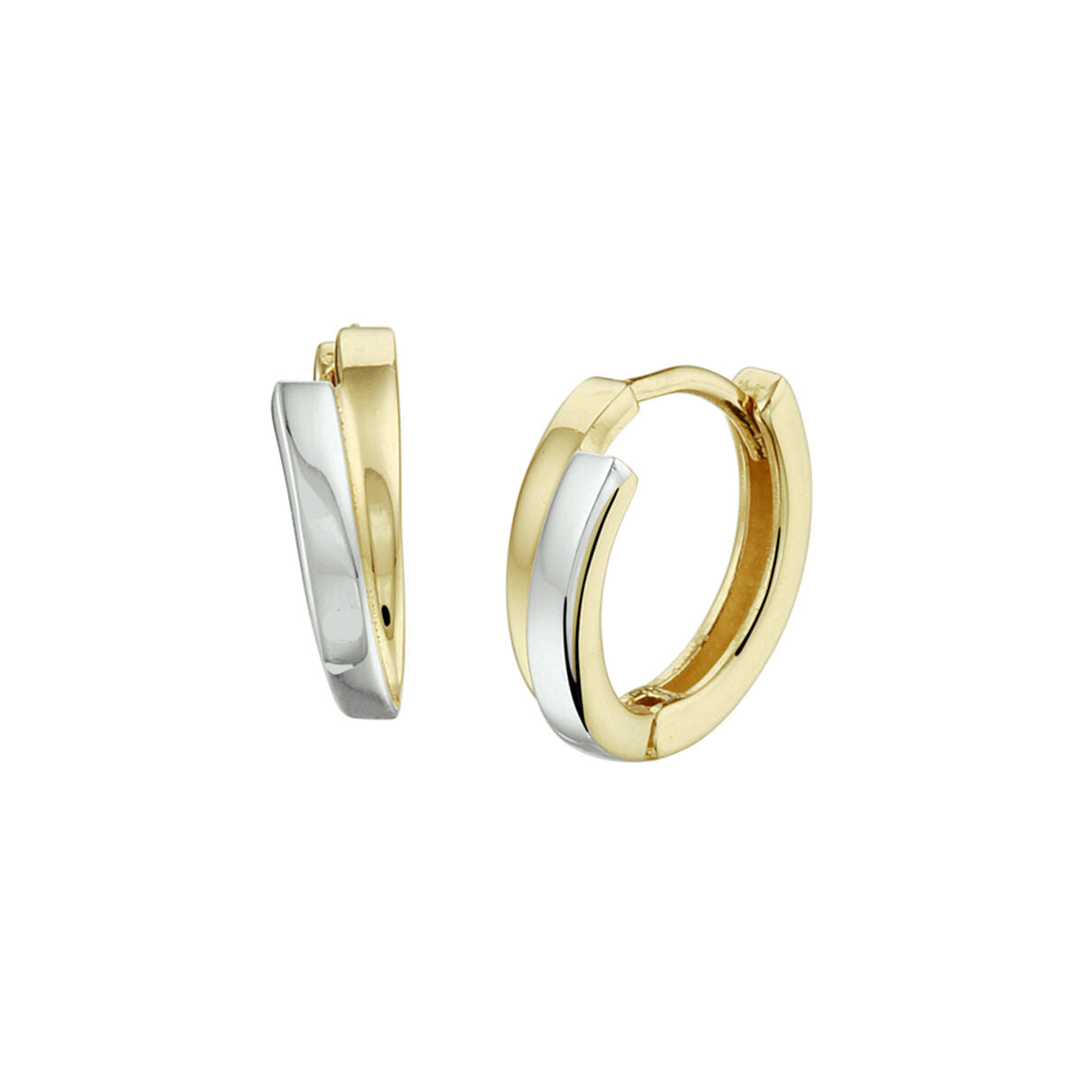 Een paar Van der Kooij Collectie klapoorringen bicolor gestift 14K geelgoud, met geelgouden buitenkant en witgouden binnenkant, afgebeeld op een witte achtergrond.