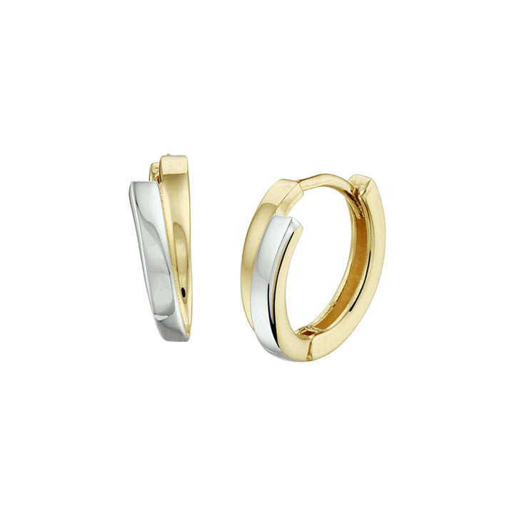 Een paar Van der Kooij Collectie klapoorringen bicolor gestift 14K geelgoud, met geelgouden buitenkant en witgouden binnenkant, afgebeeld op een witte achtergrond.