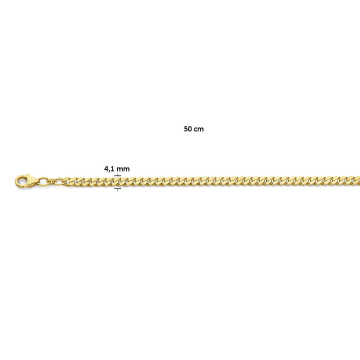 Van der Kooij Collectie Gouden ketting heren - gourmette 4-zijdes geslepen, massief 14K, 50 cm lang en 4,1 mm breed met karabijnsluiting. Gepresenteerd op witte achtergrond; wordt geleverd in luxe feestelijke verpakking.