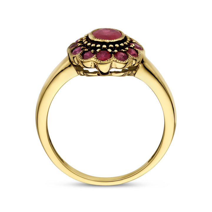 De Van der Kooij Collectie ring robijn 14K geelgoud is een geelgouden ring met een ronde centrale robijn, omlijst door kleinere robijnen en verfijnd gedetailleerde zetting.