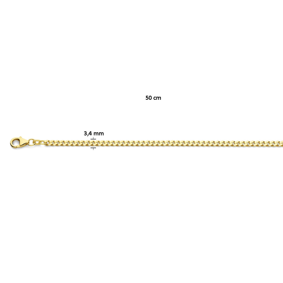 Gouden ketting heren - gourmette 4-zijdes geslepen, massief 14K geelgoud, 3,4 mm dik en 50 cm lang met karabijnsluiting. Getoond op witte achtergrond met afmetingen. Van der Kooij Collectie luxe sieraden.