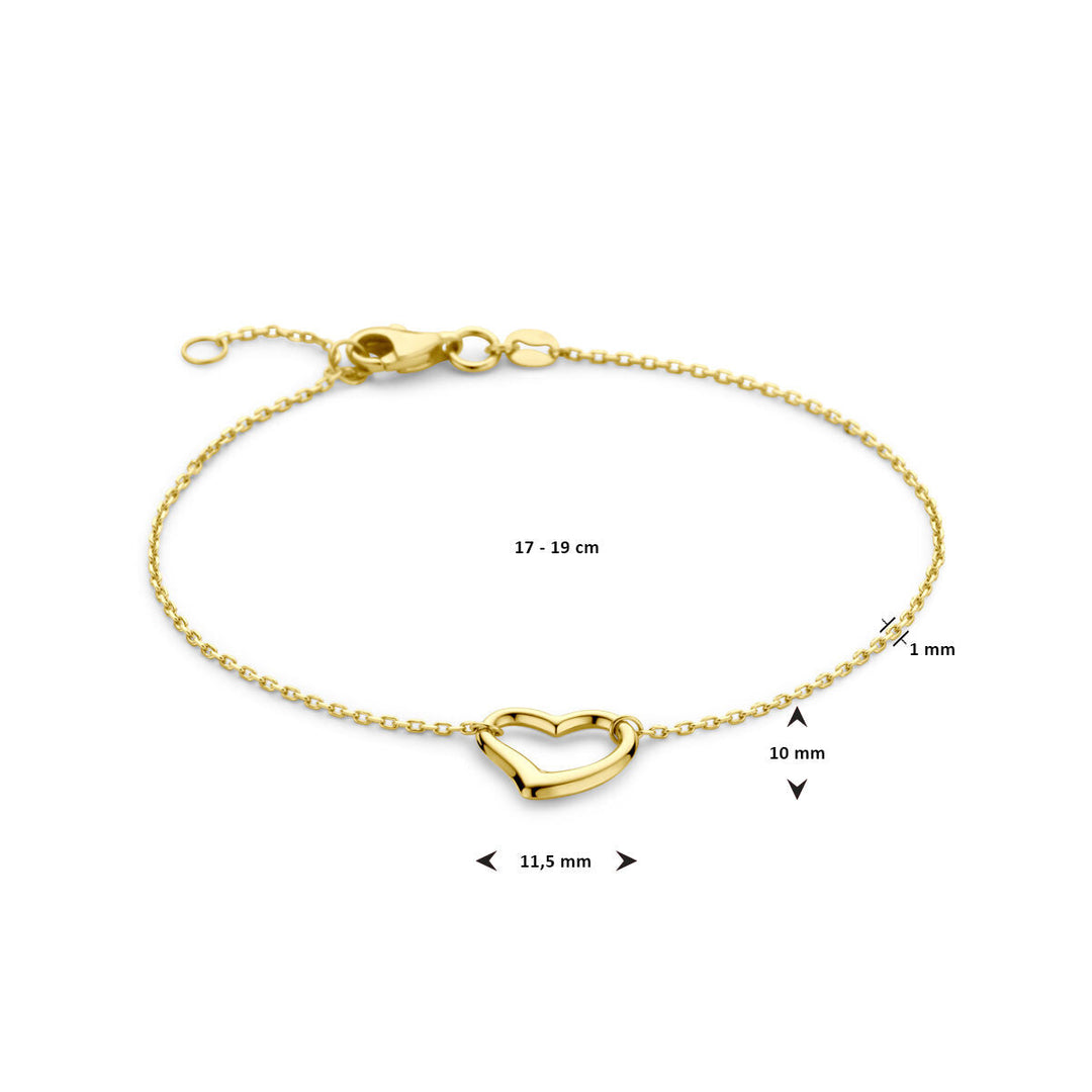 De Gouden armband dames hart 14K van Van der Kooij Collectie is verstelbaar (17-19 cm) met stevige kreeft sluiting. Het hartje meet 11,5 x 10 mm, de ketting is 1 mm dik. Inclusief maataanduidingen.