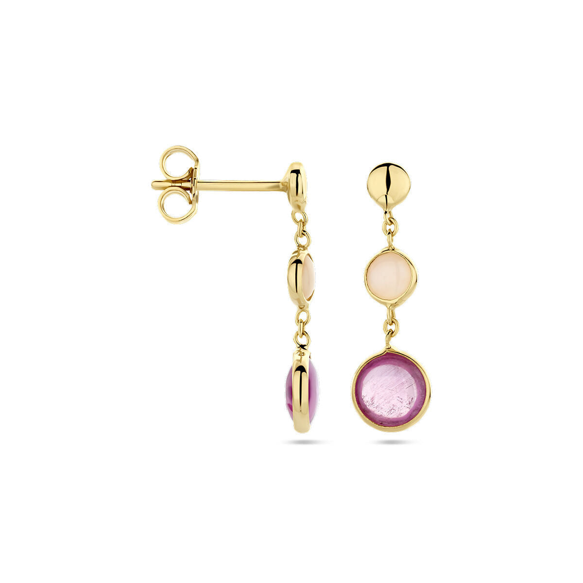 pendientes de rubí rosa y ópalo rosa en oro amarillo de 14K