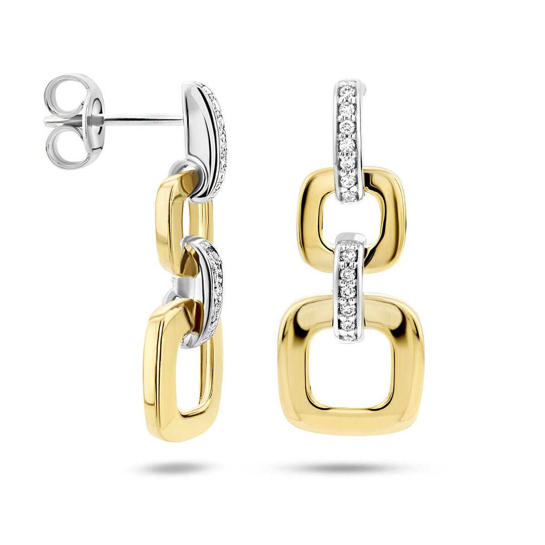 oorhangers schakel diamant 0.11ct (2x 0.055ct) h si 14K bicolor goud geel/wit