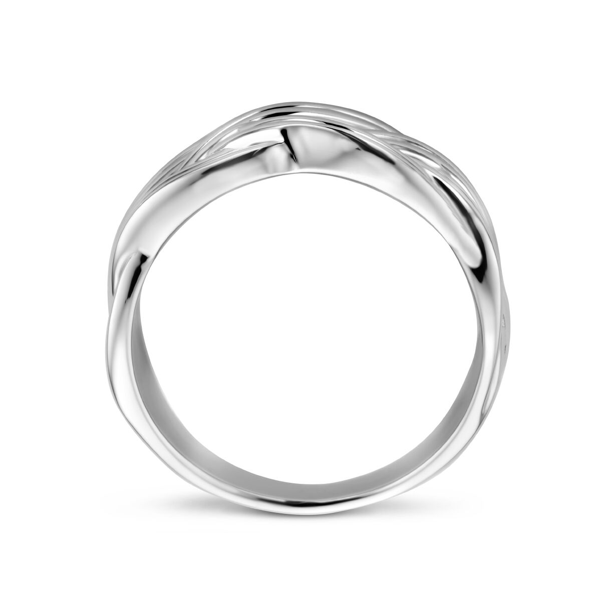 Een ring gevlochten zilver gerhodineerd van Van der Kooij Collectie, met een gladde, gepolijste afwerking en een gedraaid ontwerp, wordt rechtop gezet en direct van voren bekeken.