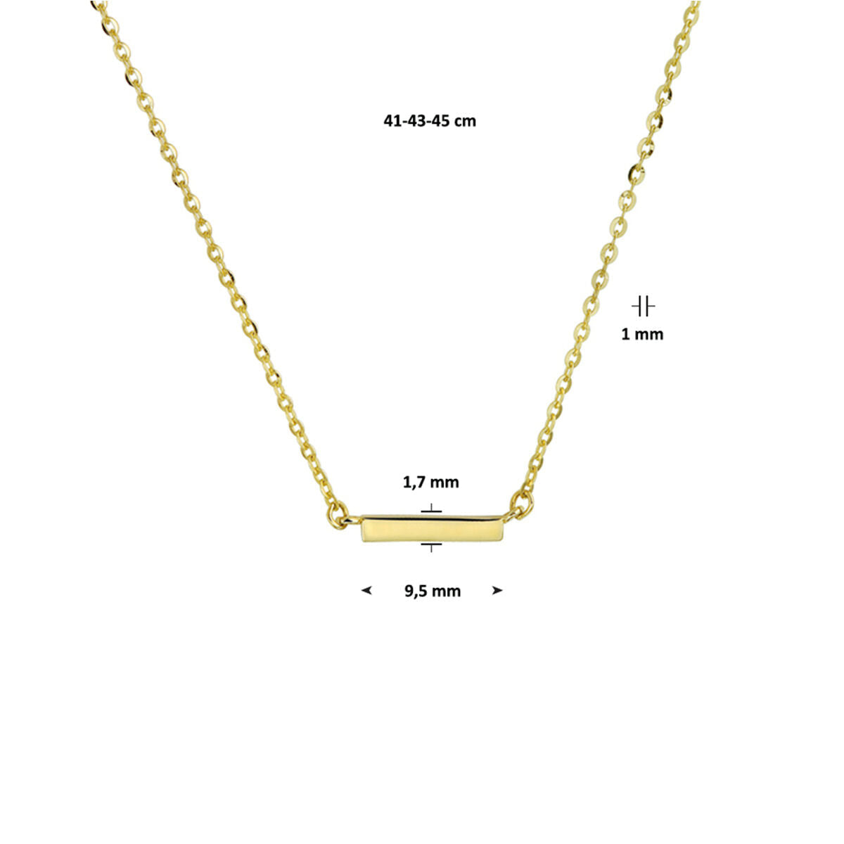 Het Van der Kooij Collectie collier balkje is een 14K geelgoud collier met een verstelbare ankerschakel ketting (41-45 cm) en een horizontale bar hanger (9,5 × 1,7 × 1 mm). Alle maten staan op de afbeelding.
