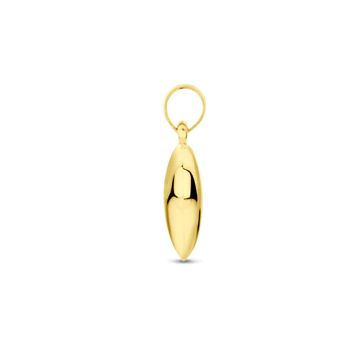 De hanger hart 14K geelgoud van Van der Kooij Collectie is een glanzende, langwerpige geelgouden hanger met een gladde, reflecterende afwerking en een ronde lus aan de bovenkant, afgebeeld tegen een effen witte achtergrond.
