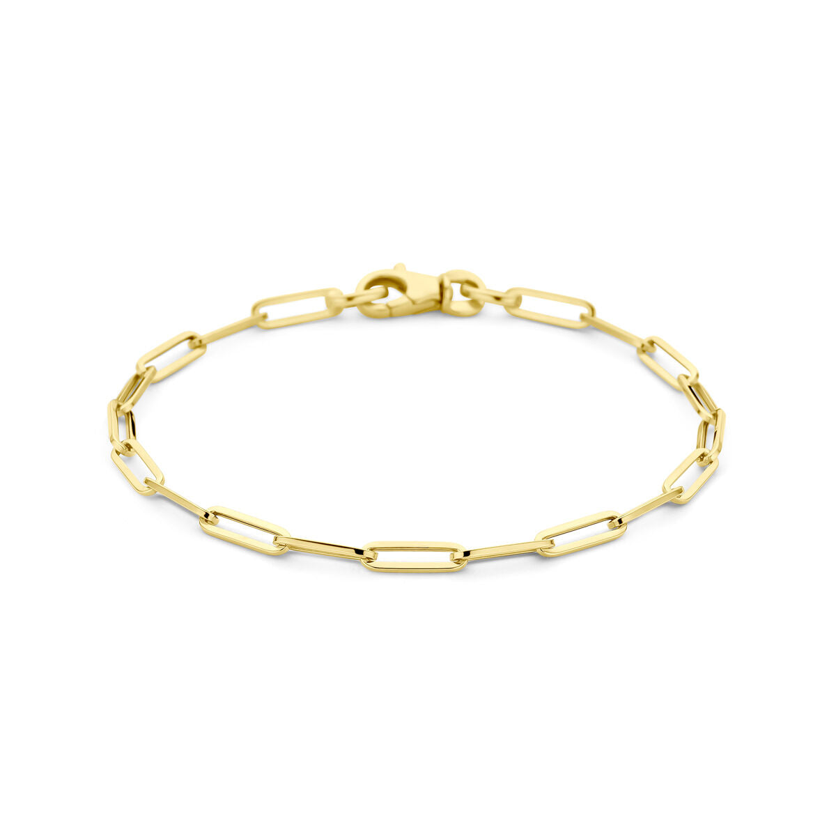 Pulsera dorada de mujer con eslabones tipo paperclip en tubo cuadrado de 14K.