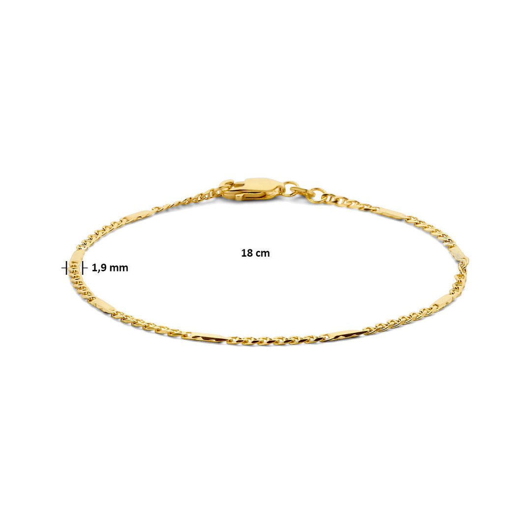 De Gouden armband dames valkenoog met tussenstuk 14K van Van der Kooij Collectie is een fijne, 18 cm lange armband met zachte schakel en kreeft sluiting. Perfect als vriendschapsgeschenk, aanwezig op een witte achtergrond.