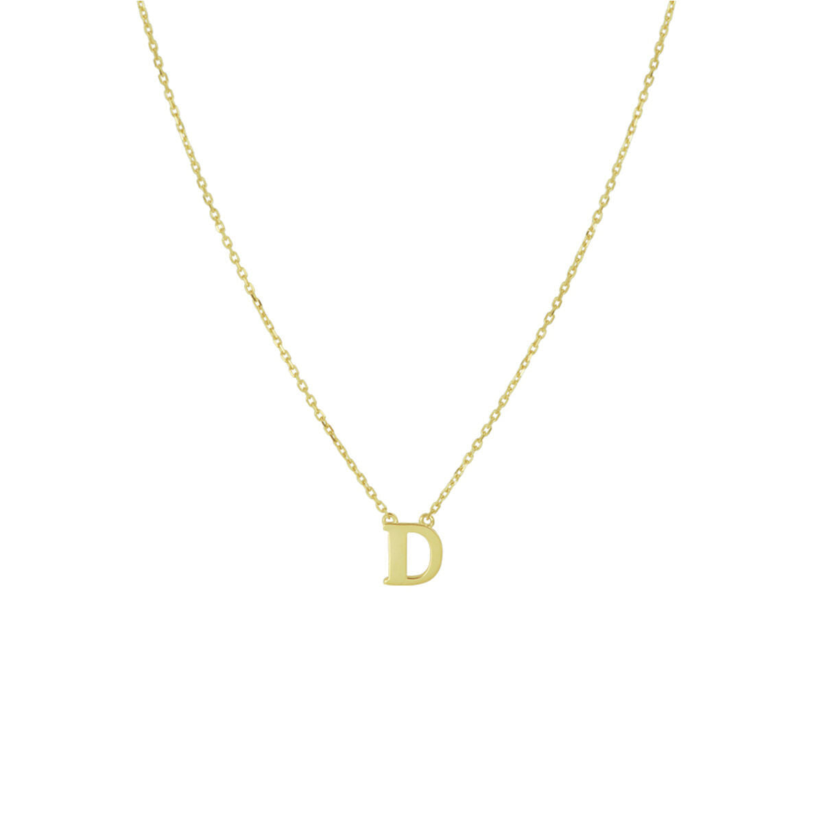 De Van der Kooij Collectie Gouden dames ketting letter 14K heeft een delicaat geelgouden anker collier met een enkele kleine gepersonaliseerde letterhanger D, gecentreerd afgebeeld tegen een witte achtergrond.