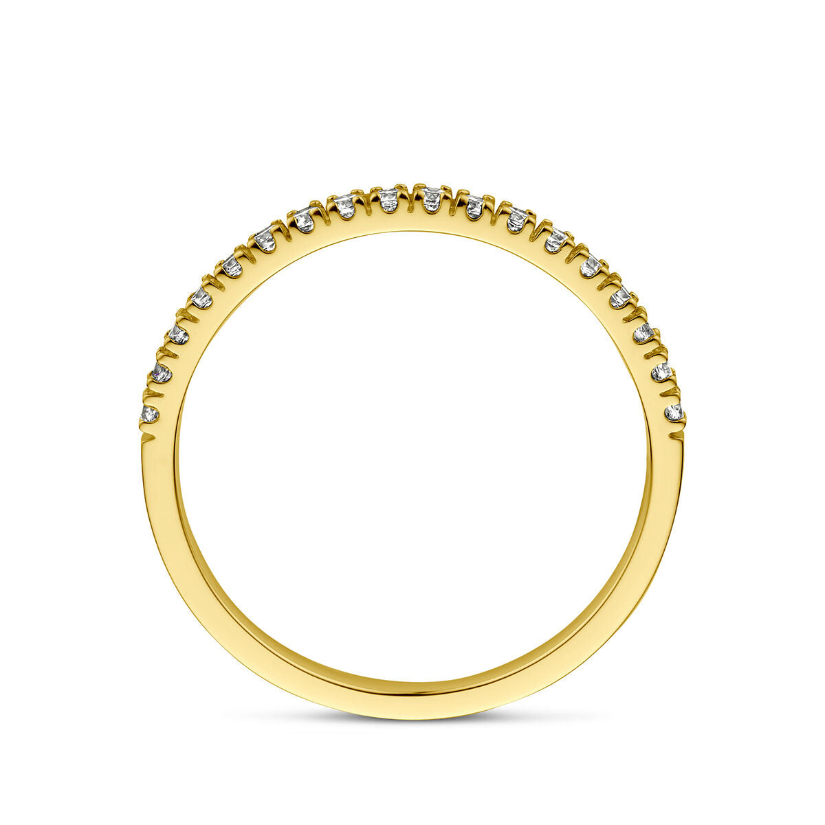 Van der Kooij Collectie ring met geboortesteen zirkonia april in 14K geelgoud, met kleine ronde zirkonia’s langs de bovenkant van de band, rechtopstaand weergegeven op een witte achtergrond.