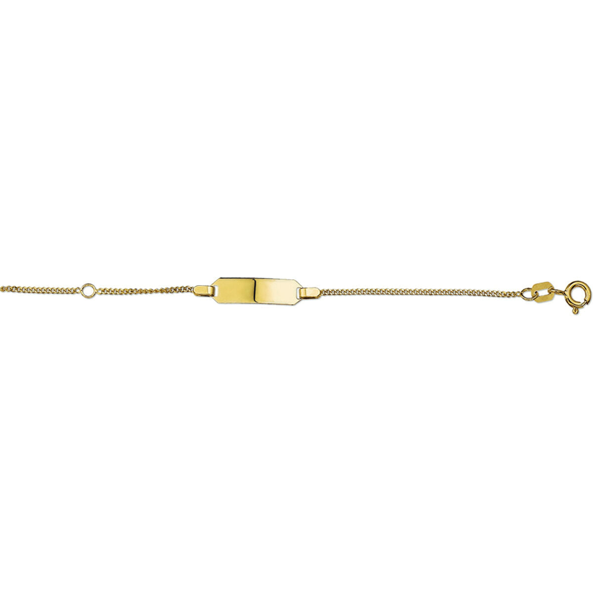De Van der Kooij Collectie graveerarmband gourmet plaat 5 mm 9-11 cm is een dunne 14K geelgouden ID-armband met een rechthoekige middenplaat, strakke gourmette ketting en een kleine ronde veersluiting.