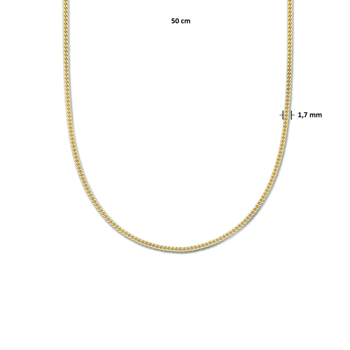 collar gourmette 4 lados pulidos 1,8 mm 3 micrones plata chapado en oro amarillo
