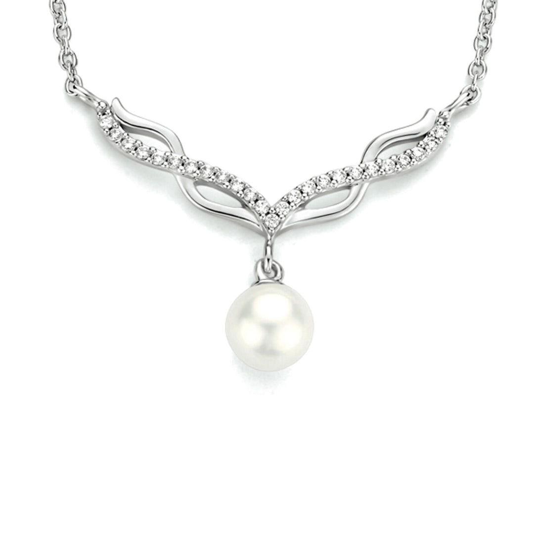 Het Van der Kooij Collectie collier parel en zirkonia 42 + 3 cm zilver gerhodineerd heeft een V-vormig ontwerp met sprankelende zirkonia en een enkele ronde zoetwaterparel die elegant in het midden hangt.