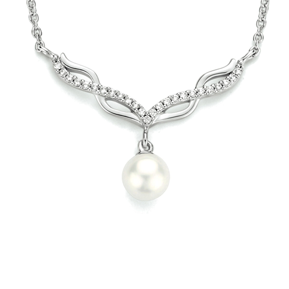 Collar de plata rodiada con perla y zirconias, diseño ondulado y detalle colgante.