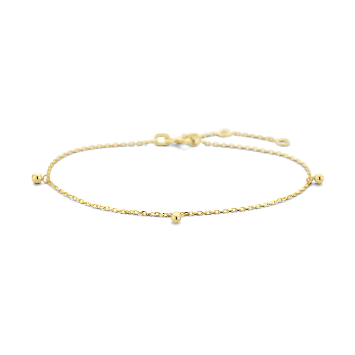 Pulsera dorada de bolitas en oro de 14 quilates con cadena delicada.
