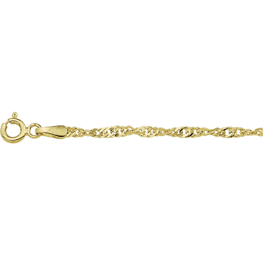 Close-up van een Van der Kooij Collectie singapore 2,3 mm 14K geelgouden damesketting met singapore schakel en kleine veerring sluiting, weergegeven op een witte achtergrond.