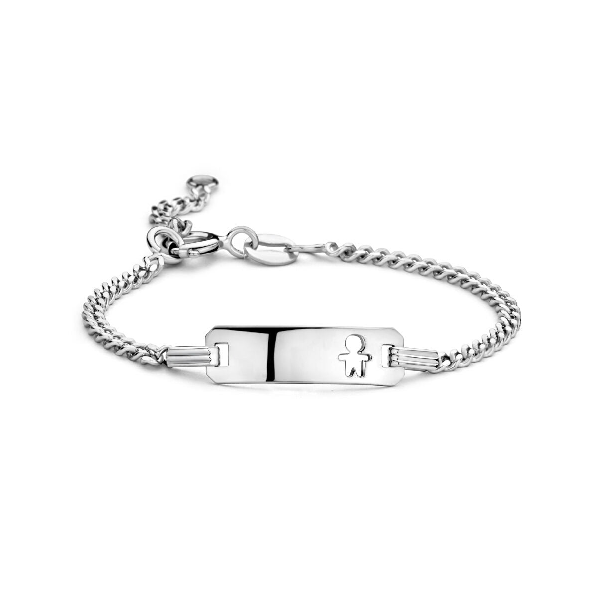 Pulsera gourmette de plata rhodiumizada con placa para grabar y cadena trenzada.