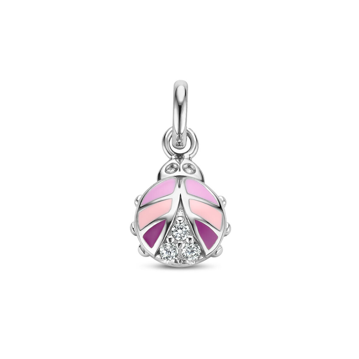 Colgante de mariquita con circonitas, acabado en plata rodiada y detalles en colores rosa y púrpura.