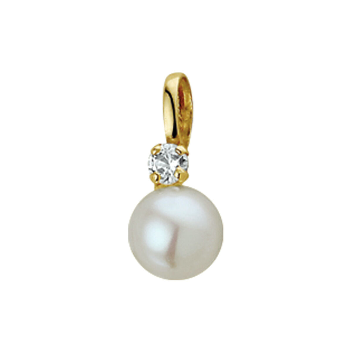 Colgante de perla blanca de 6 mm con circonita y acabado en oro amarillo de 14 quilates.