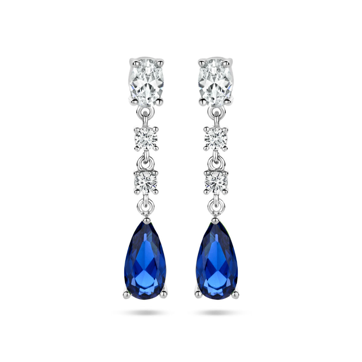 Pendientes largos de zirconia color zafiro y plata rhodium, con forma de gota.