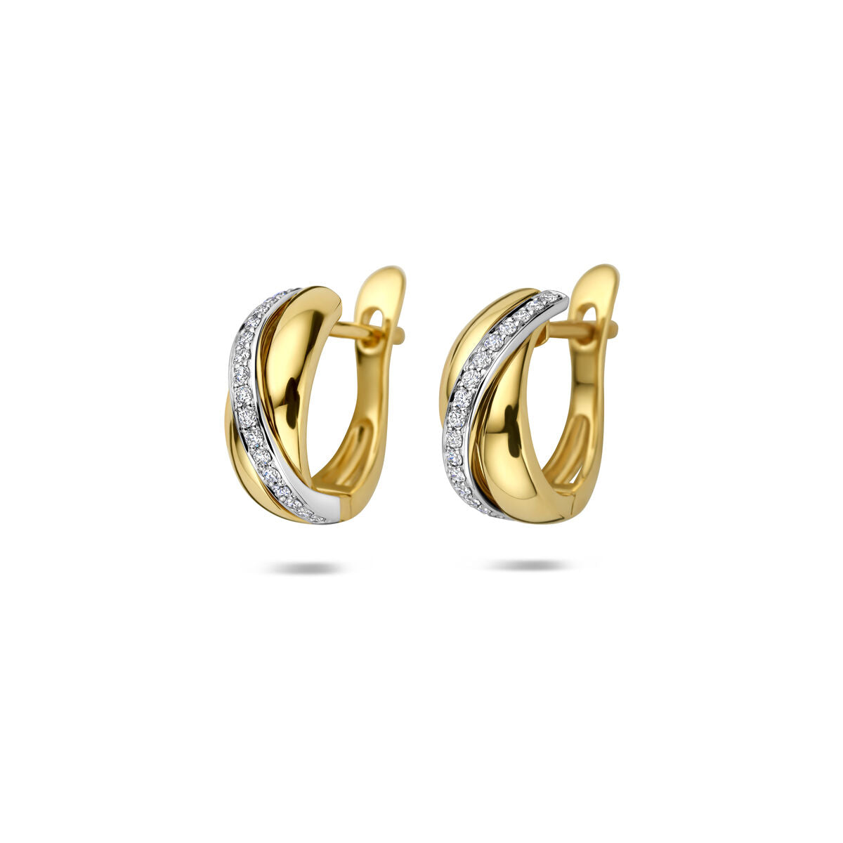 Aros bicolores de 14k con diamantes, en forma curva y brillante.