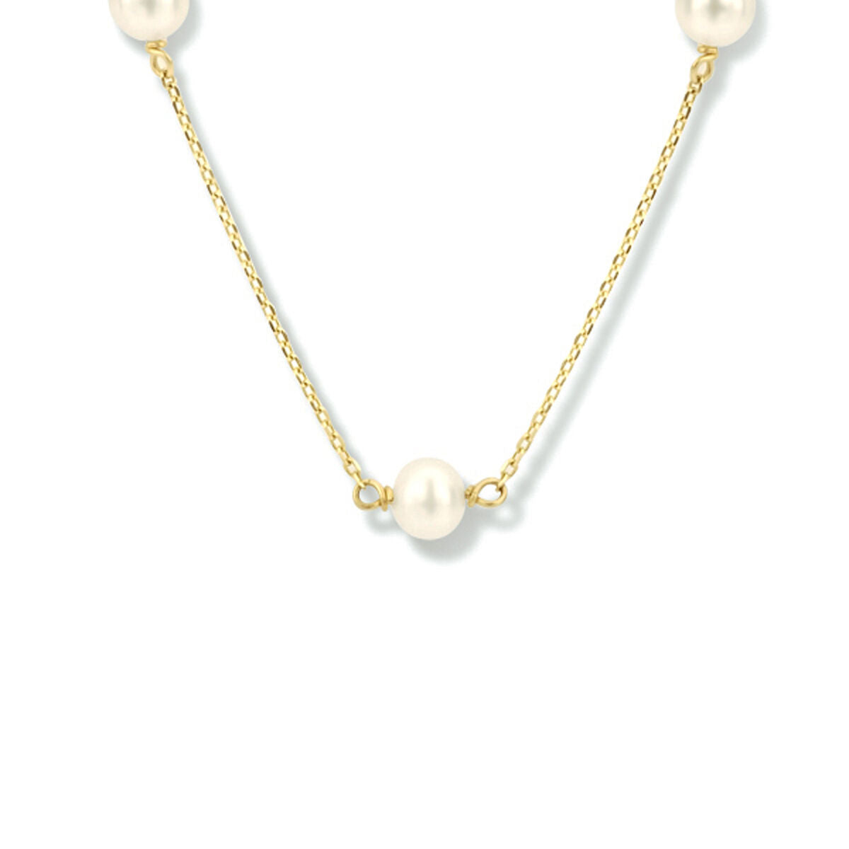 Collar de perlas en oro amarillo de 14K, con eslabones y perlas distribuidas.