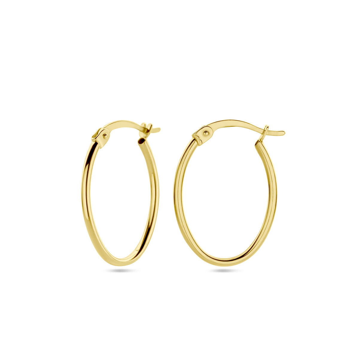 Een paar Van der Kooij Collectie oorringen 1,6 mm ronde buis 14K geelgoud met scharniersluitingen, afgebeeld op een witte achtergrond.