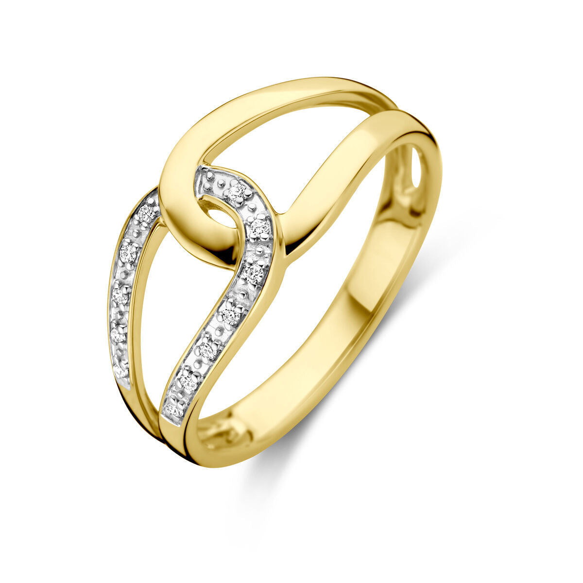 Anillo de oro amarillo de 14K con diamantes de 0.03 ct en un diseño entrelazado.