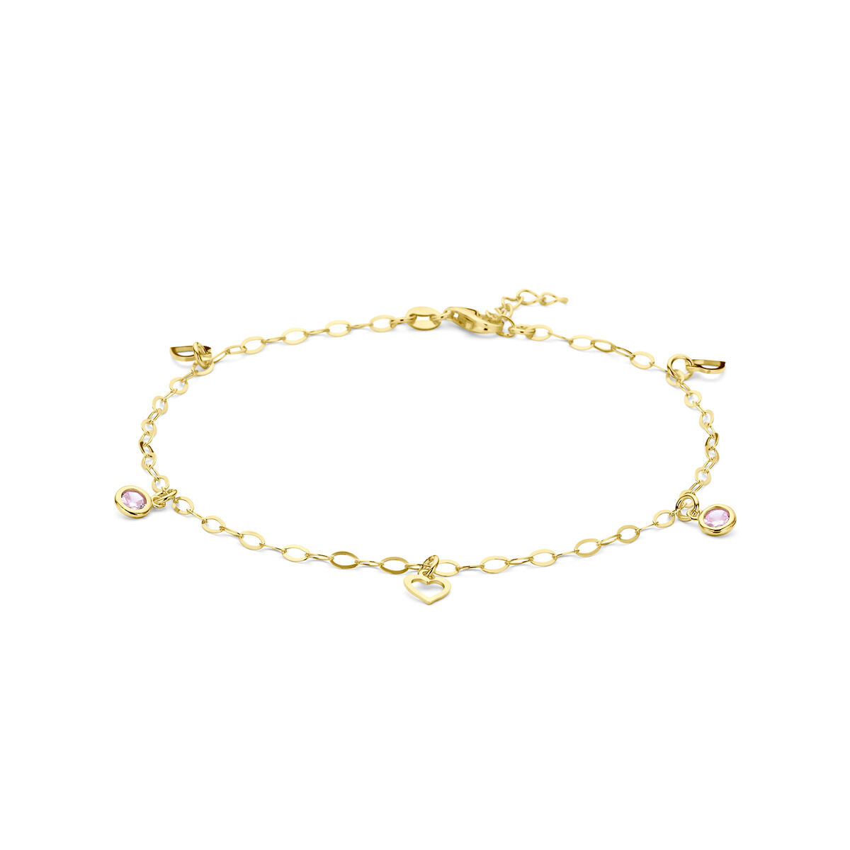 Pulsera de corazón con circonitas rosas, en plata dorada de 3 micrones, 24 + 2 cm.