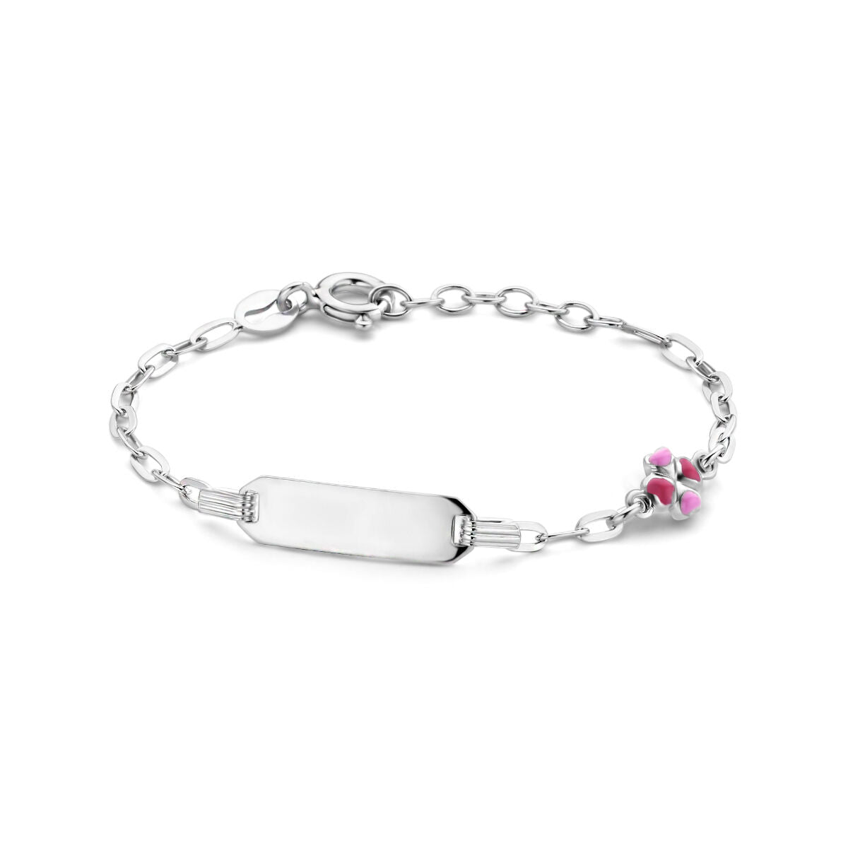 Pulsera de plata rhodium con placa grabable de 5 mm y detalle de trébol en color rosa.