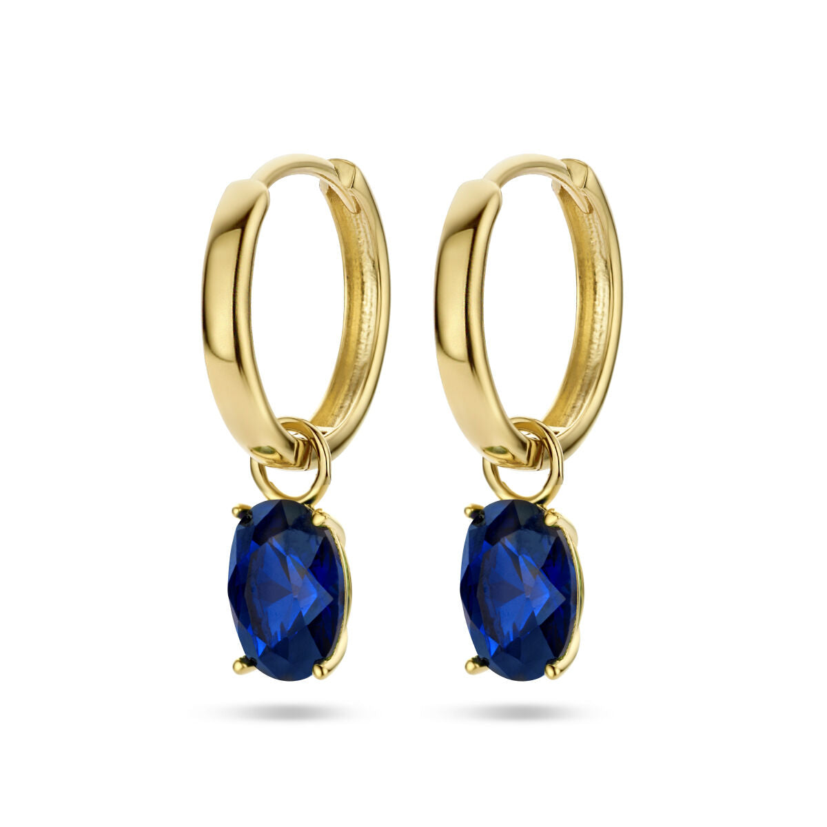 Pendientes de aro en oro amarillo de 14K con zircón azul.