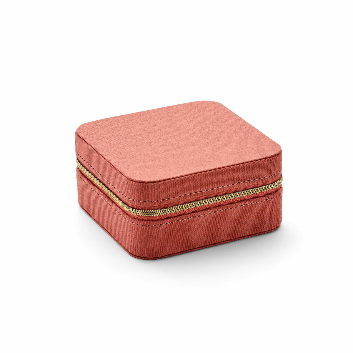 Caja de joyería cuadrada de terciopelo suave en color durazno.