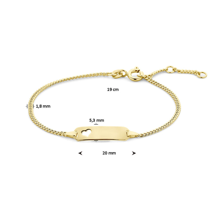 Van der Kooij Collectie 14K geelgouden graveerarmband hart gourmette plaat, 5,3 mm breed en verstelbaar op 16, 17,5 of 19 cm. Ruimte voor persoonlijke gravure-een stijlvol en persoonlijk cadeau voor dames.