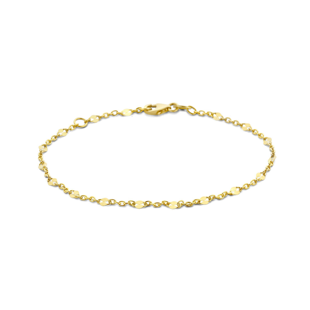 De Van der Kooij Collectie armband anker met tussenstuk 16 - 18 cm is gemaakt van 14K geelgoud en heeft elegante, ovale schakels met een stevige karabijnsluiting, prachtig gepresenteerd op een witte achtergrond.
