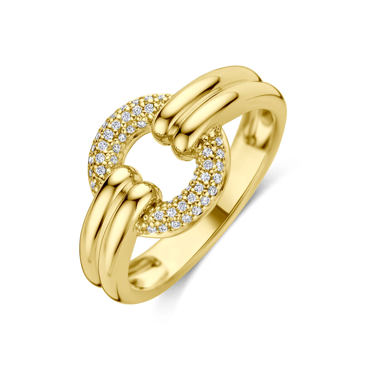 Anillo de dama en oro amarillo de 14k con diamantes en forma de círculo.