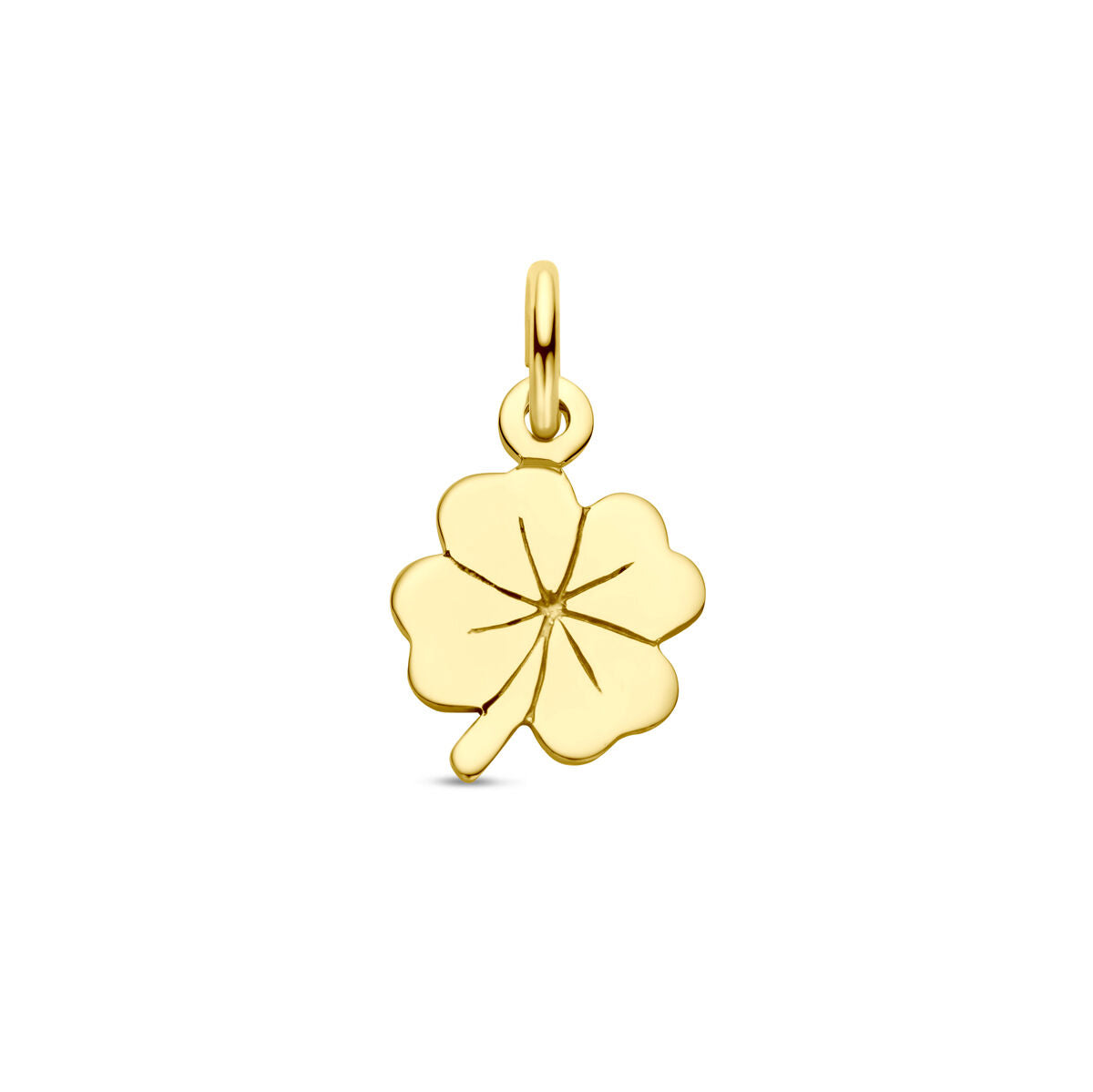 De Van der Kooij Collectie hanger klaver 14K geelgoud is een geelgouden klaver bedel met een klein lusje om aan sieraden te bevestigen, afgebeeld op een effen witte ondergrond.
